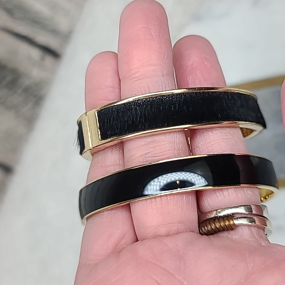 J Crew Gold Plated Enamel Bangle & Hinged Calf Hair Bracelet in Black & Gold - Picture 16 of 16